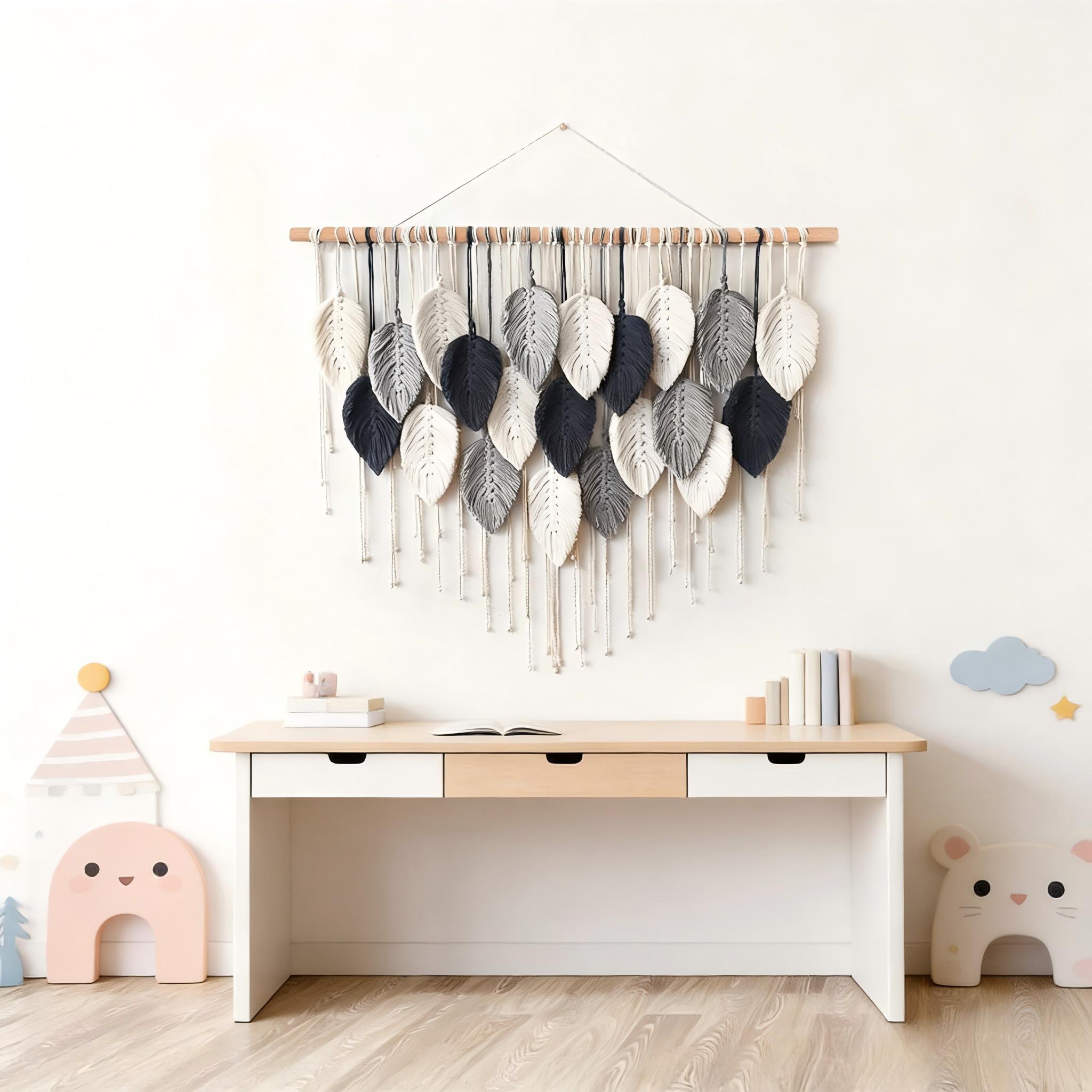 Large Handmade Leaf Fringe Wall Hangings, Bohemian Style Macrame Wall Decor, Wooden Stick Wall Art, Bed Headboard Decoration, Above Bed Wall Decor