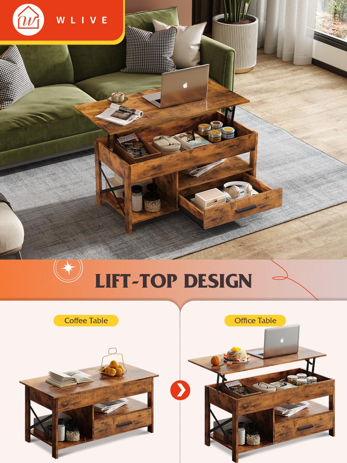 WLIVE Lift Top Coffee Table with Hidden Compartment, Storage Drawers and Storage Shelf for Living Room and Reception Room