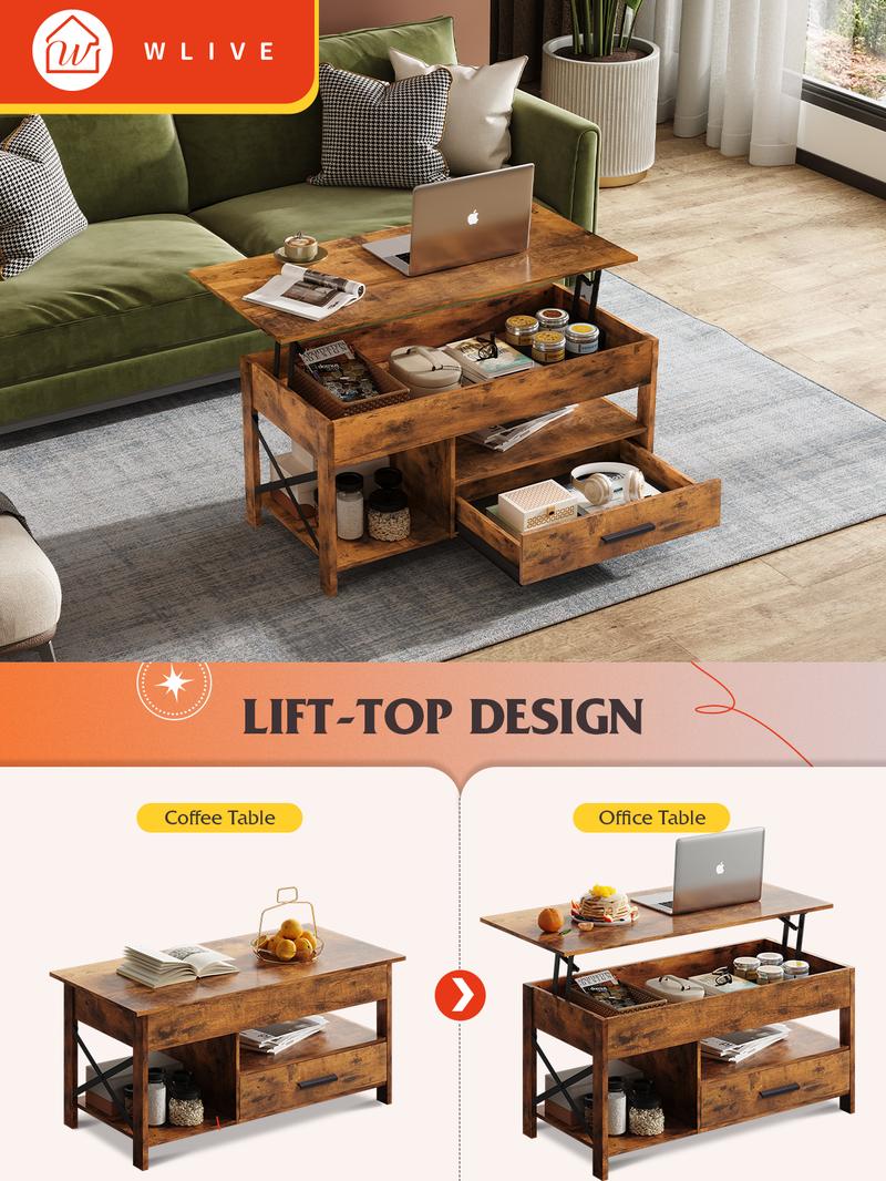 WLIVE Lift Top Coffee Table with Hidden Compartment, Storage Drawers and Storage Shelf for Living Room and Reception Room