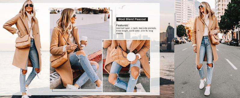 SCUSTY Women's Winter Notch Lapel Double Breasted Wool Blend Mid Long Pea Trench Coat