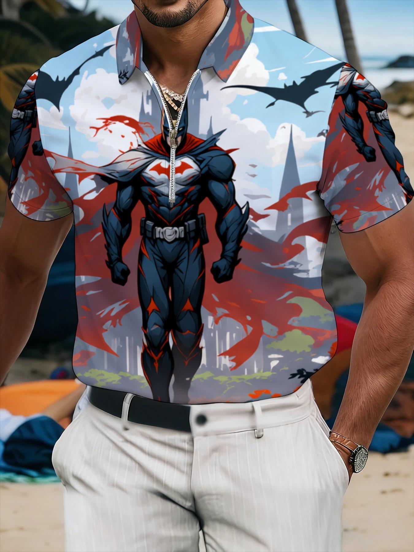 Short Sleeve Polo Shirt with Anime Style Print for Men, Casual Trendy Summer Wear, Super Hero Pattern Design