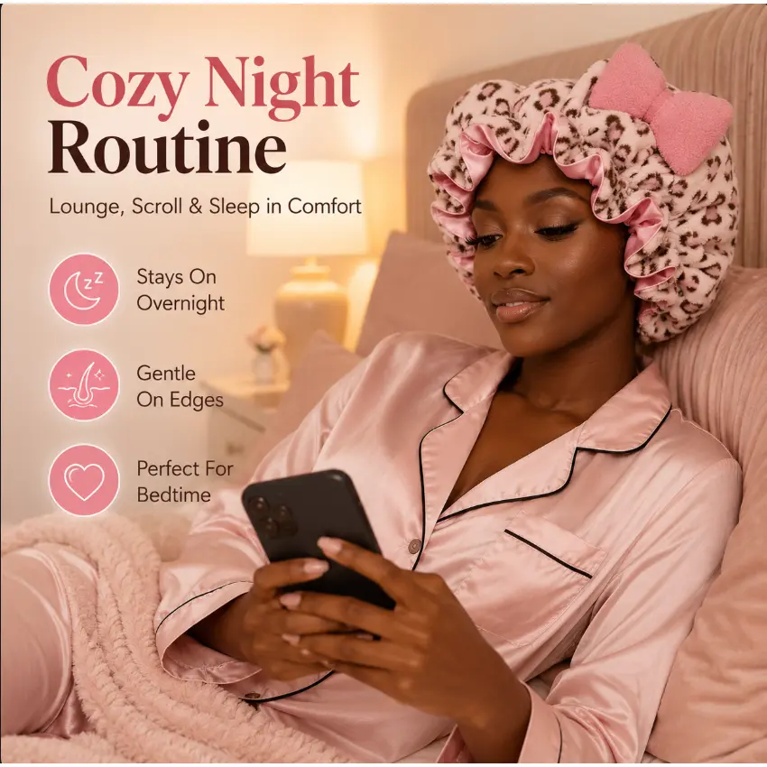 Women's Plush Satin Bonnet - Curly Hair Nightcap with Cute Animal Ears & Bow, Luxury Double-Layer Sleep Cap for Haircare, Friction-Free Protection, Hidden Adjustable Strap (Sports Headband Accessory)