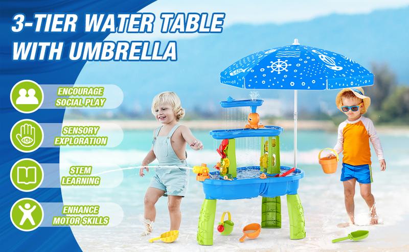 3-Tier Water Table for Toddlers,Summer Showers Splash Tower Water Table for Kids,Water Toys with Umbrella,Suit for Outdoor/Indoor Sensory Toys for Kids,Birthday Christmas Halloween Gift for Boys & Girls