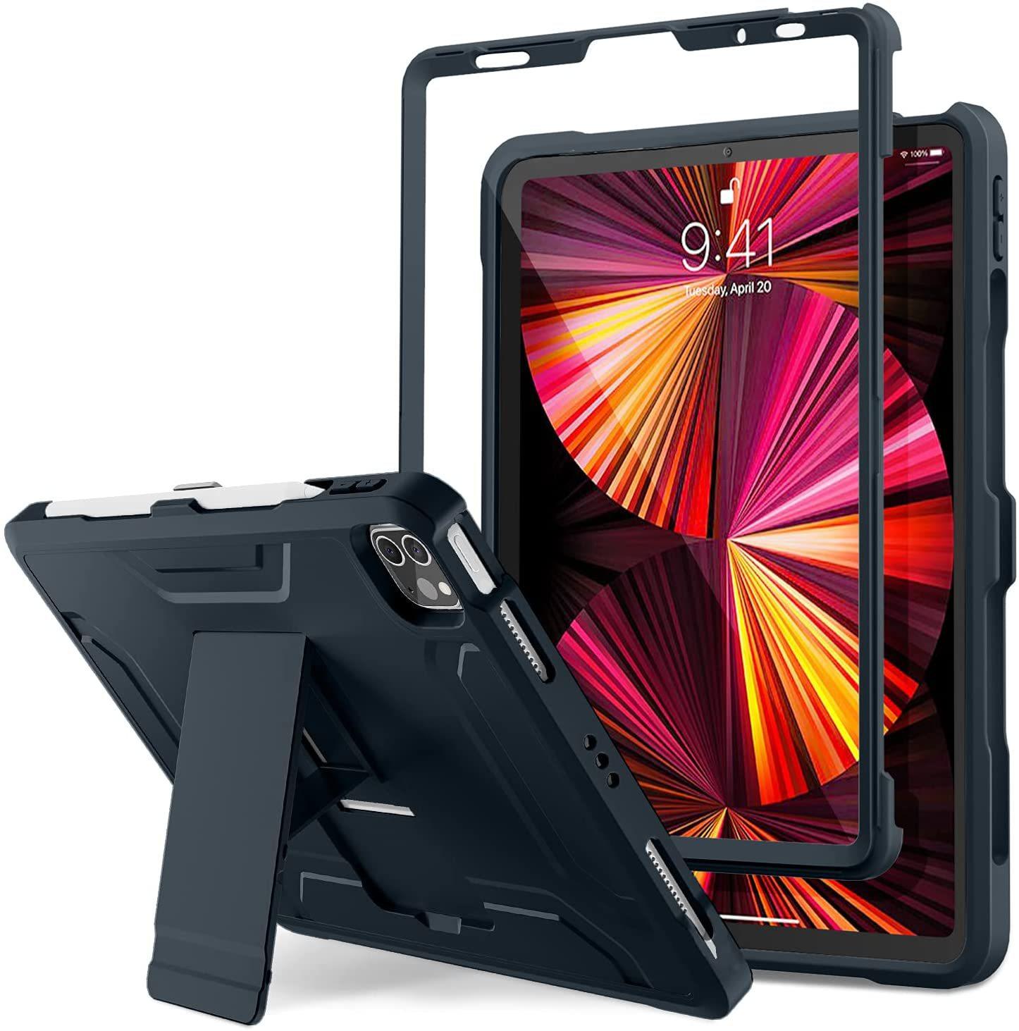Heavy Duty Shockproof Case for iPad Pro 11", iPad Air 4 5 (2021), Full Body Protective Cover with Built-in Screen Protector, Pencil Holder & Kickstand, Rugged Drop Proof Case for iPad Tablet