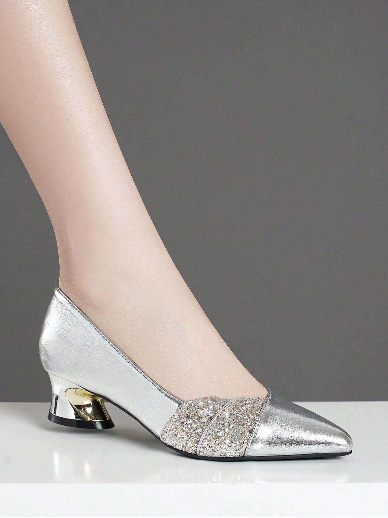 Elegant Silver Color Pointed Toe Rhinestone Shoes, Fashion Classy Stylish  Chunky Heel High Heels for Parties, Evening Dresses, Dating, All Seasons,  Elegant Heeled Shoes - TikTok Shop