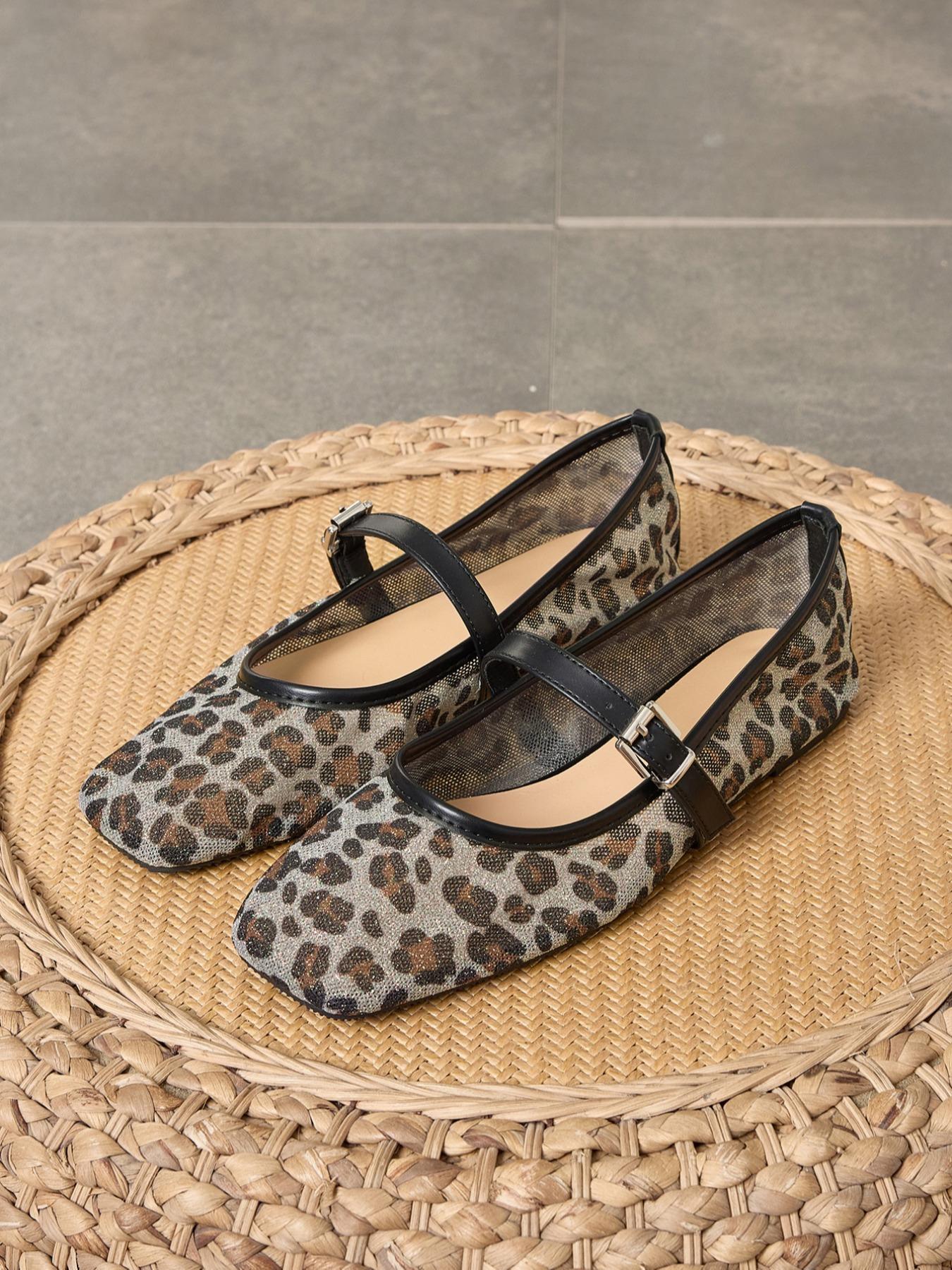 Women's Leopard Print Slip-On Netted Ballet Flats, Breathable Mesh Square Toe Mary Jane Shoes, Lightweight Comfortable Casual Sandals Women's Leopard Print Slip-On Netted Ballet Flats, Breathable Mesh Square Toe Mary Jane Shoes, Lightweight Comfortable Casual Sandals