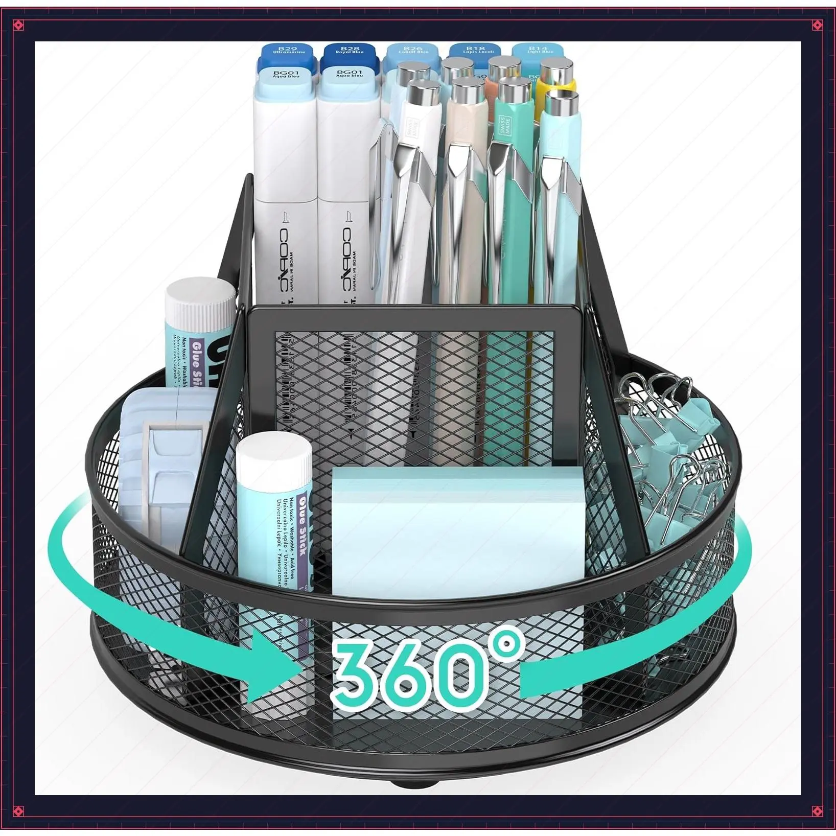 360°Rotating Mesh Desk Organizer & Pen Holder - Black | Features 5 compartments, anti-slip base, smooth spin. Perfect space-saving design for home, school, office pens or cosmeticsGift