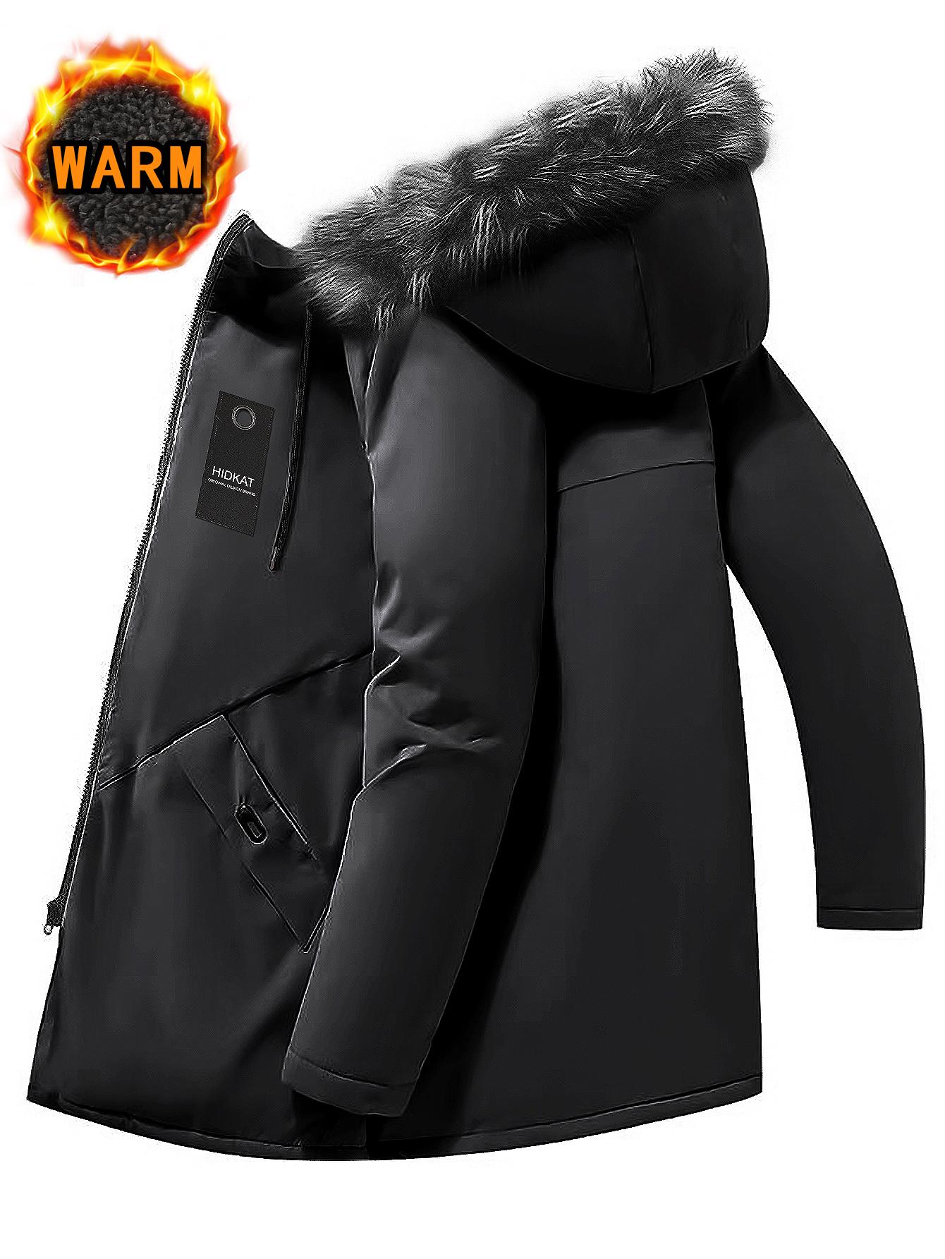 Men's Winter Parka Jacket With Faux Fur Hood, Warm Mid Length Hooded Outerwear