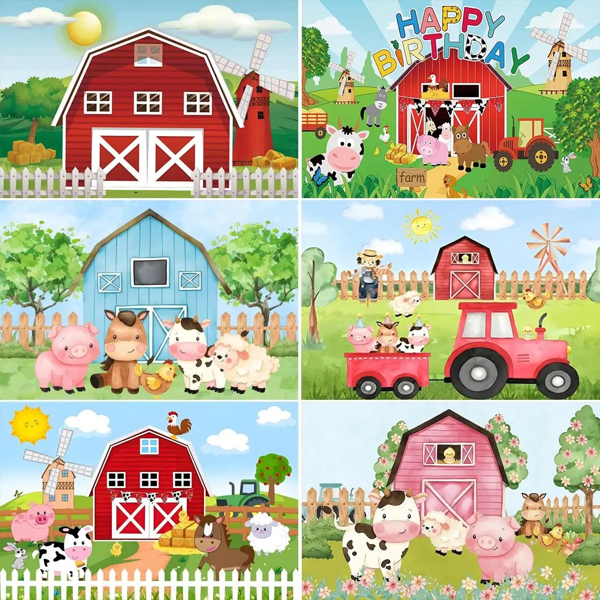 Cartoon Farm Animal Theme Photography Background Birthday Party Wooden Fence Poster Photographic Backdrops Photo Studio