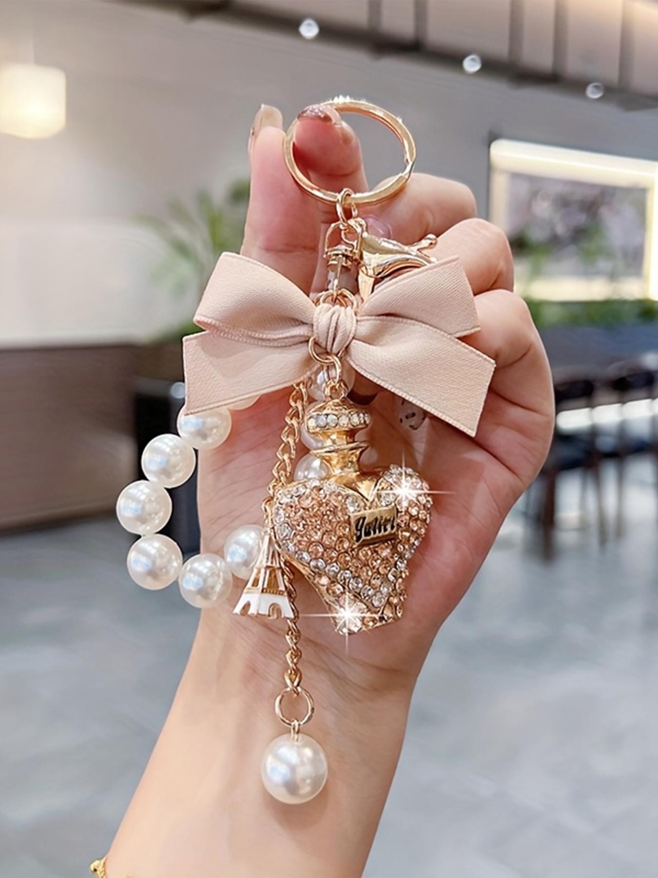 Creative Water Bottle Keychain, Fashion Bow Perfume Bottle Bag Charm, Elegant Pearl Chain Car Key Ring Gift Accessory