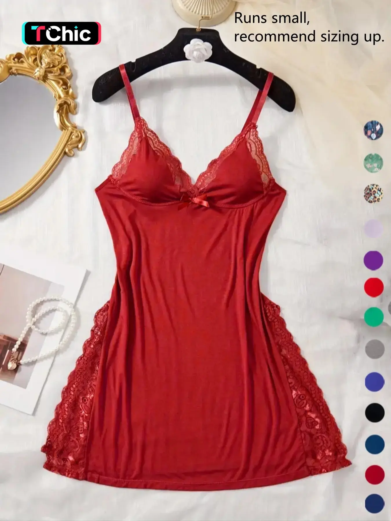 Women's Contrast Lace Bow Front Split Backless Cami Nightdress, Soft Comfortable Solid Spaghetti Strap Nightgown, Night Dress for Women