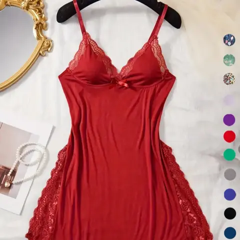 Women's Contrast Lace Bow Front Split Backless Cami Nightdress, Soft Comfortable Solid Spaghetti Strap Nightgown, Night Dress for Women