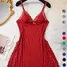 Women's Contrast Lace Bow Front Split Backless Cami Nightdress, Soft Comfortable Solid Spaghetti Strap Nightgown, Night Dress for Women
