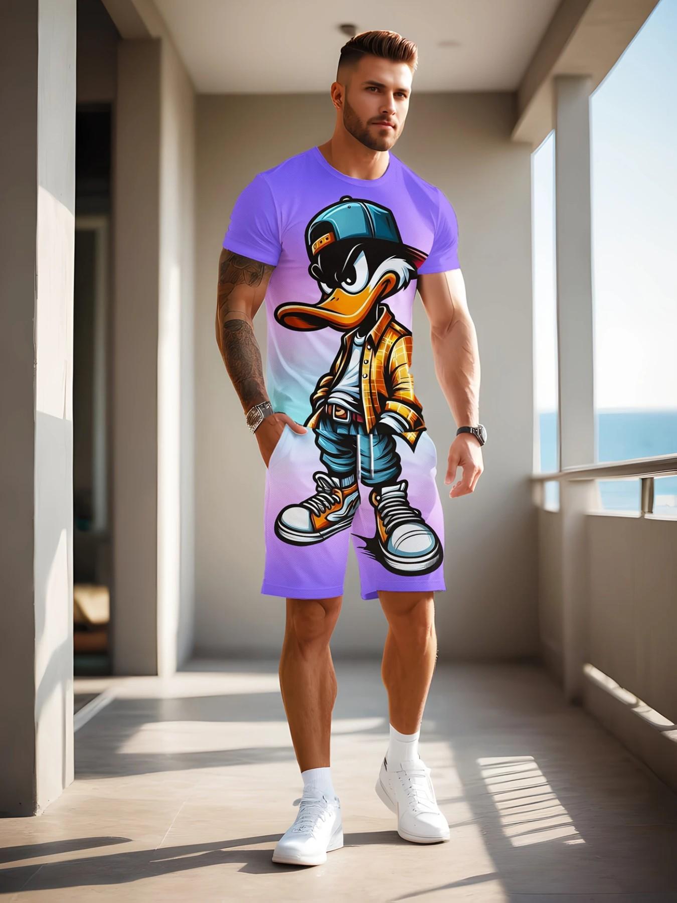 Men's Y2K Style 3D Duck Print Sports Set, Casual Short Sleeve Top and Shorts, Perfect Gift for Men, Daily Outdoor Wear