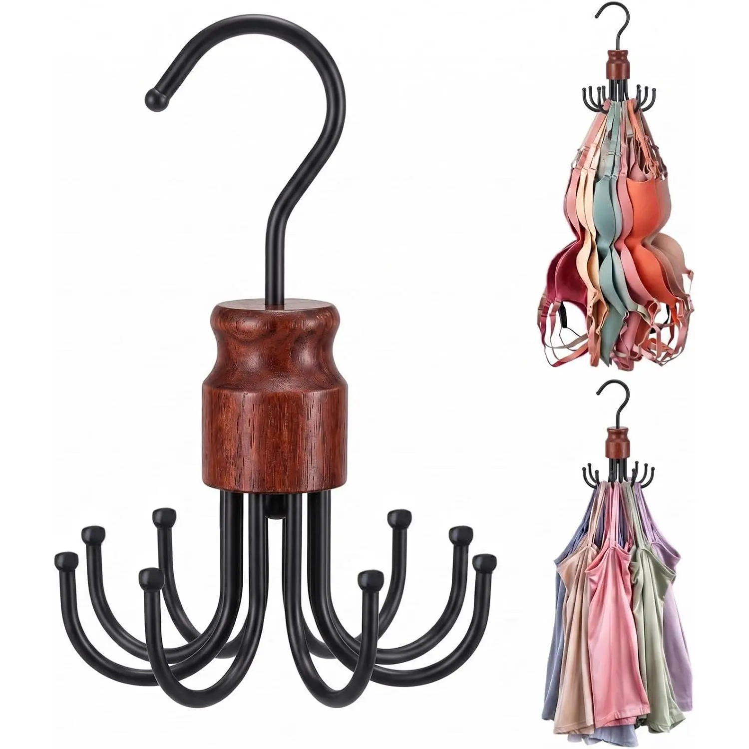Bra Hanger for Closet Organizer, Wooden Tank Top Hangers Space Saving | 360° Rotating Bra Holder with 8 Hooks, Metal Foldable Hanger, Storage for Bras, Scarves, Belts, Underwear and More