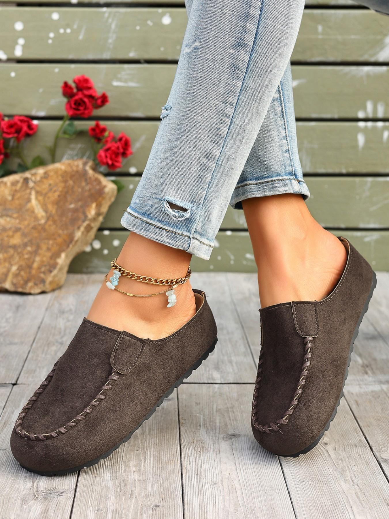 Women Faux Suede Slip On Mule Flats Hand Stitched Trim Closed Toe Backless Loafers Casual Walking Slide Shoes Casual Mules