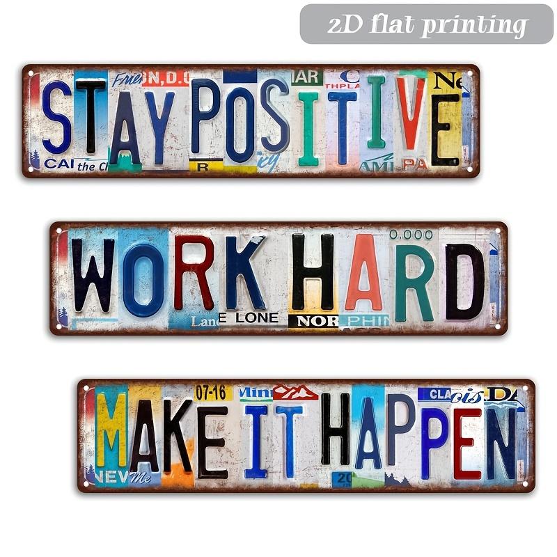 3PCS Retro Plate Letter Art Metal Sign "Stay Positive" "Work Hard" "Make It Happen" Long Strip Motivational Wall Decor Street Sign for Home Office Gym Garage