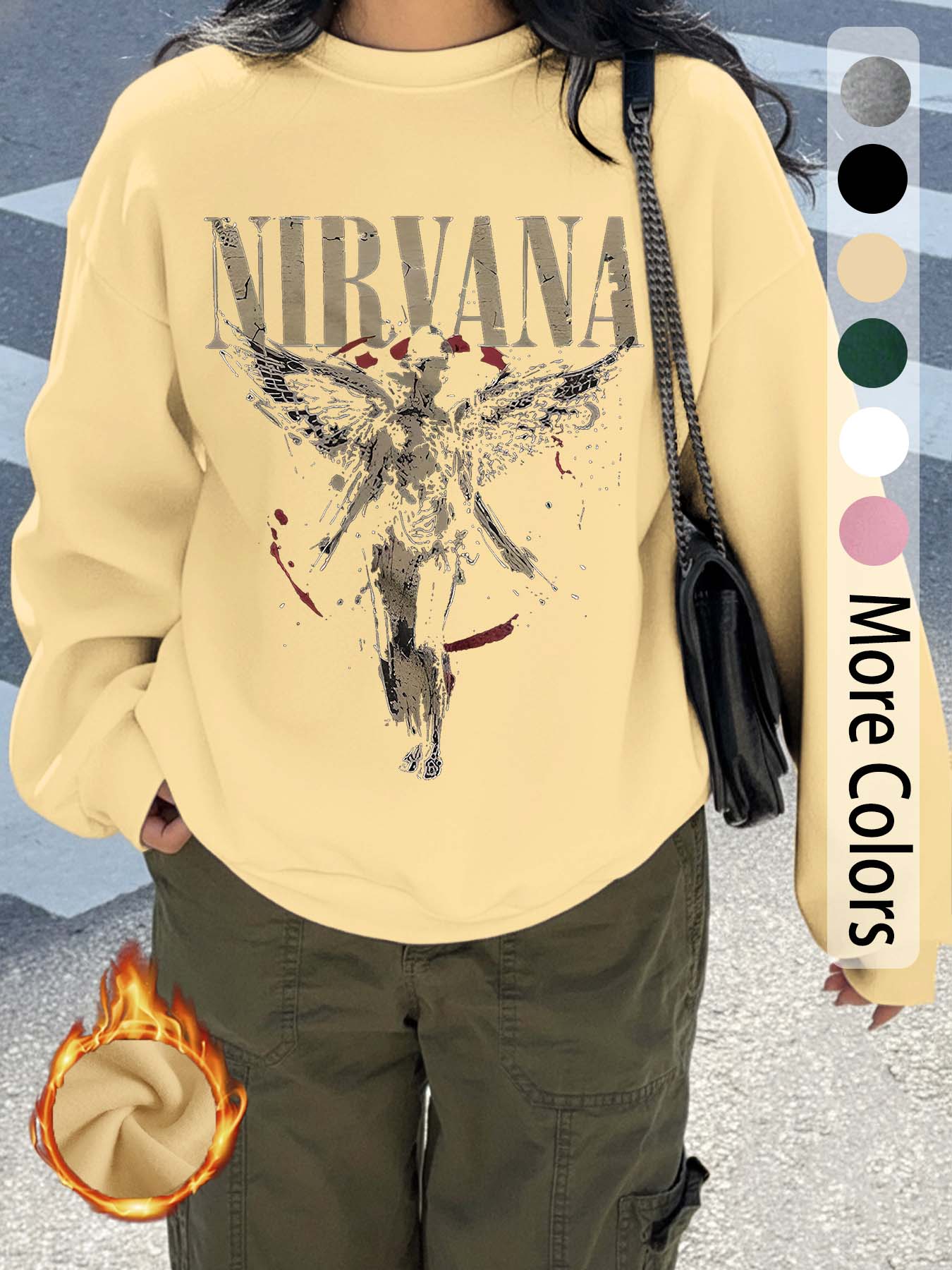 "Nirvana" Nirvana band pattern letter print, casual retro long-sleeved pullover, round neck casual sports women's pullover sweatshirt, autumn and winter plus velvet women's clothing