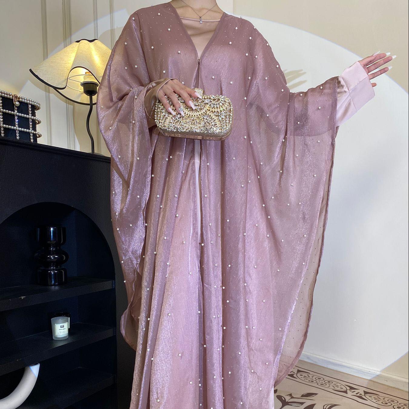 CL01 Starlight sparkling pearl abaya, two piece suit, abaya cardigan, bottoming dress Modest Beige Women Chiffon Chic【Fashionweek】 Modern