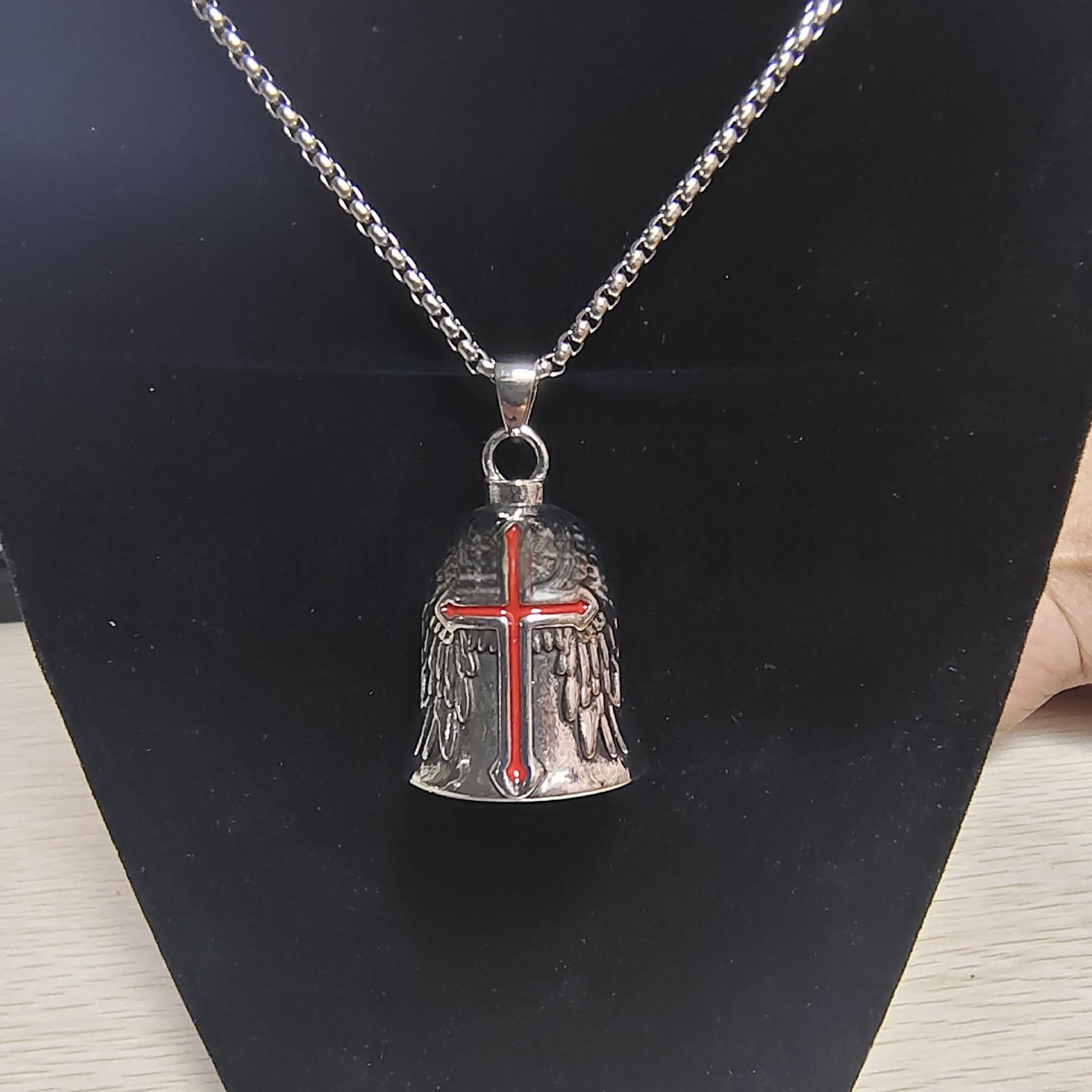 Punk Retro Men's Motorcycle Style Angel Necklace, Bell Drop Cross Pendant, Feather Wings Design, Vintage Fashion Jewelry