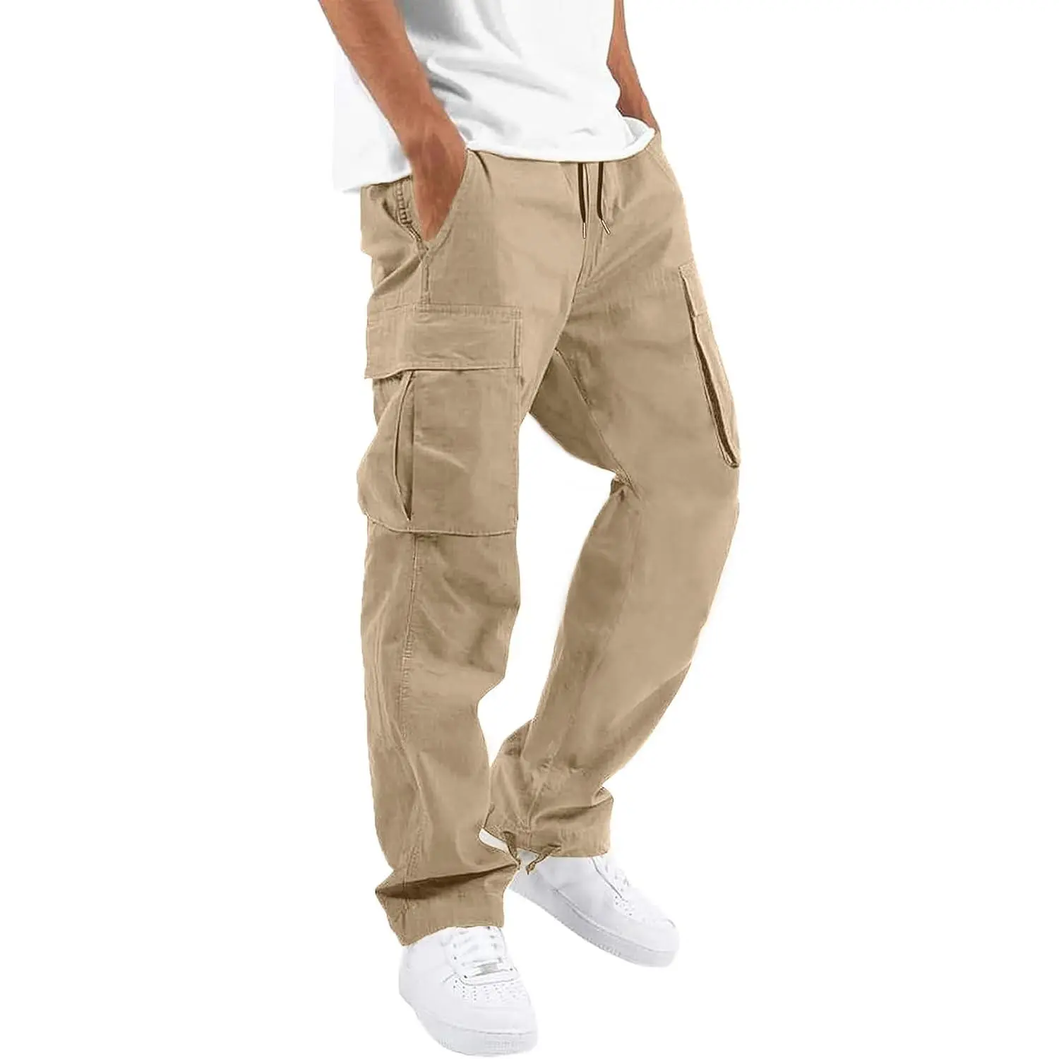 HUNGSON Mens Cargo Pants Drawstring Casual Hiking Pants Joggers Athletic Trousers Cotton Loose Straight Sweatpants for Men
