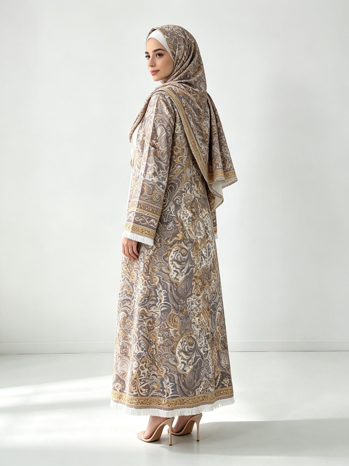 [ Includes Hijab]  Printed Abaya Set, Polyester Fabric, Wrinkle-Resistant, Wide Sleeves with Fringe, Available in 5 Sizes#PashminaAbaya #PolyesterAbaya #PrintedAbaya #TwoPieceAbaya #HijabFashion