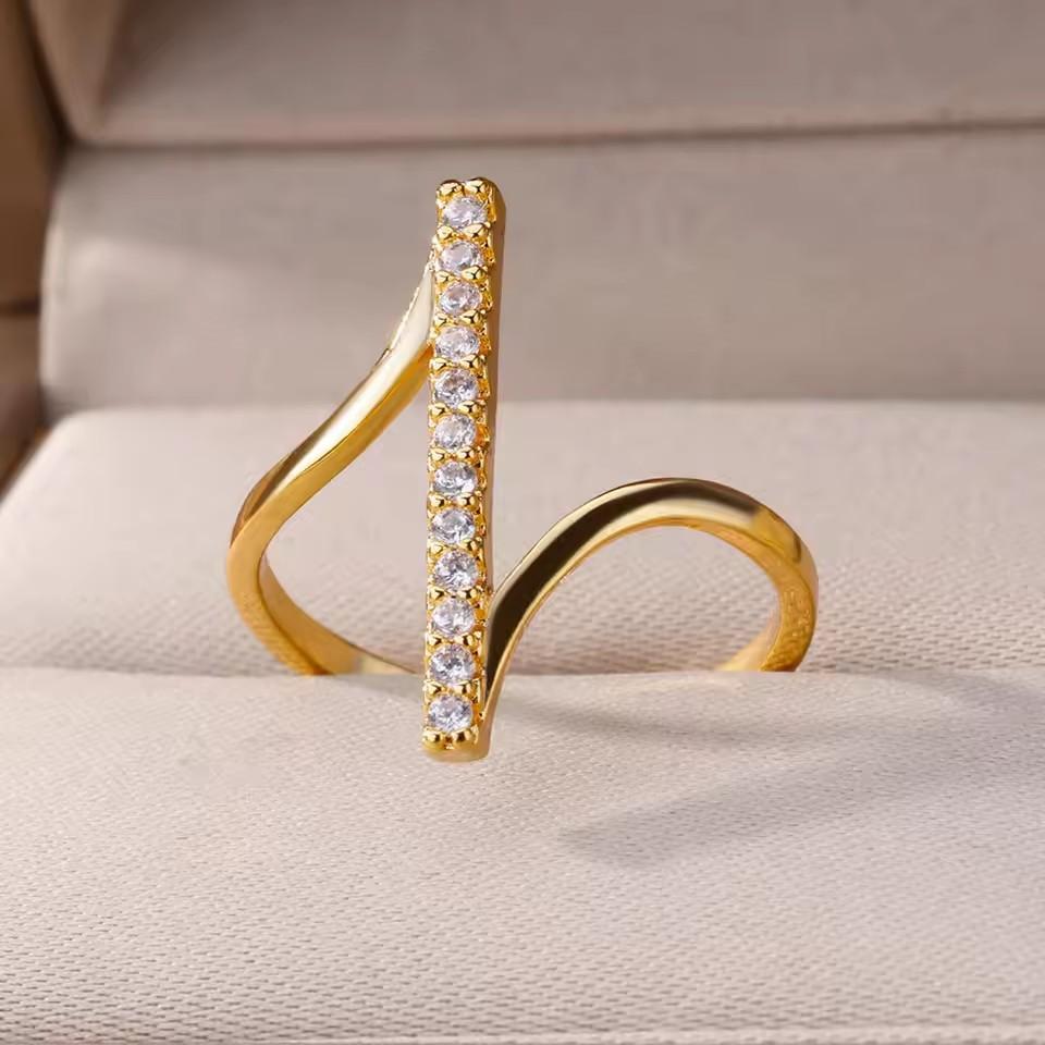 Gold Plated V-Shaped CZ Open Ring for Women - Dainty Pave Cubic Zirconia Adjustable Statement Ring, Fashion Stackable Jewelry