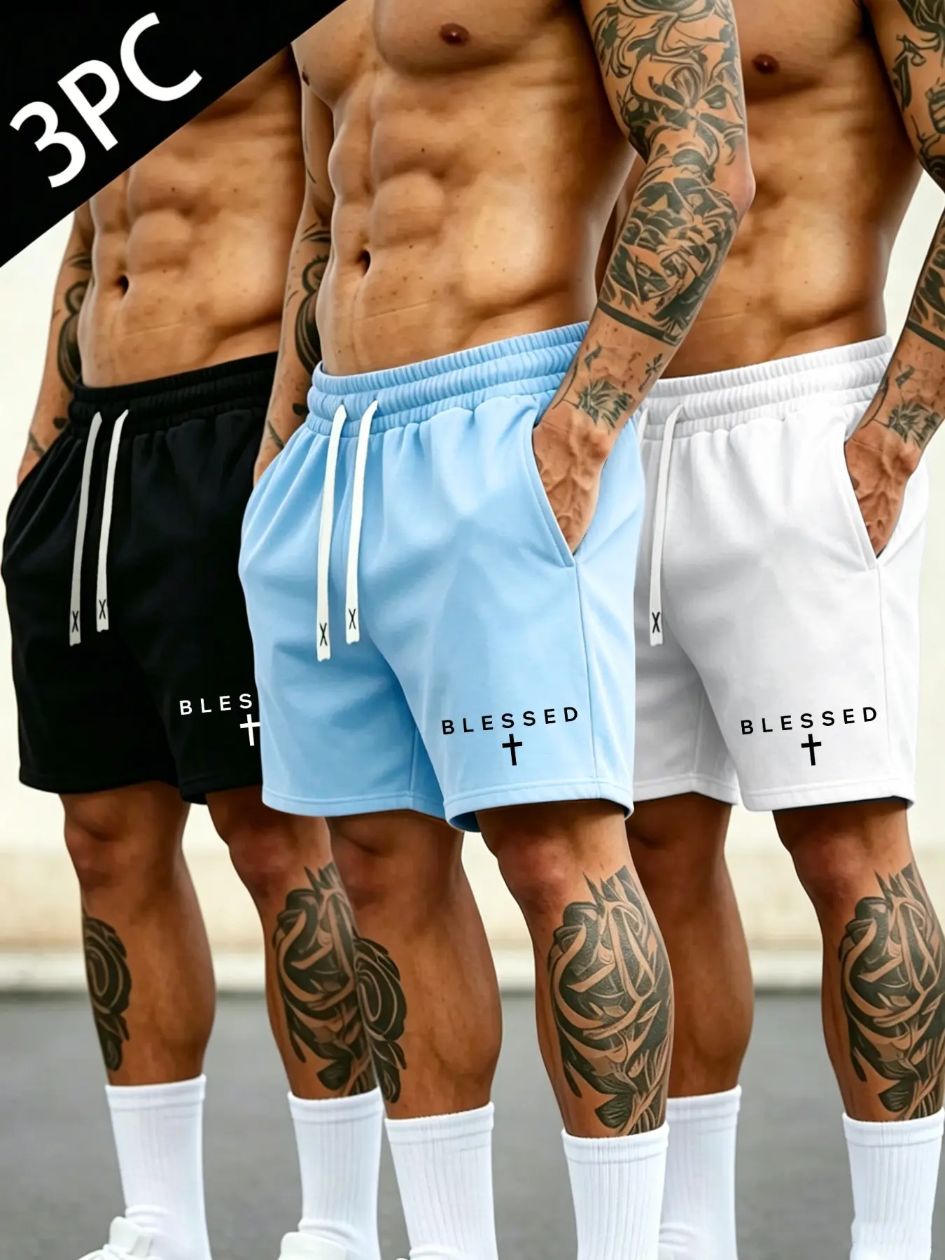 3Pcs Men Casual Workout Shorts Set, Elastic Waist Drawstring Sweat Shorts With Side Pockets, Letter Graphic Print Loose Fit Short Pants For Gym Training Street Daily Outdoor Sports Casual Wear