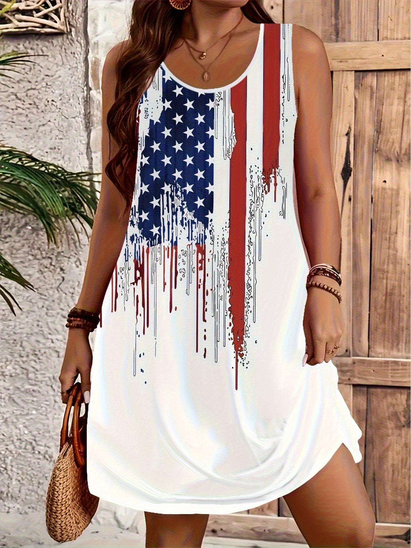 Women's sleeveless A-line dress featuring a U.S. flag print, perfect for celebrating Independence Day