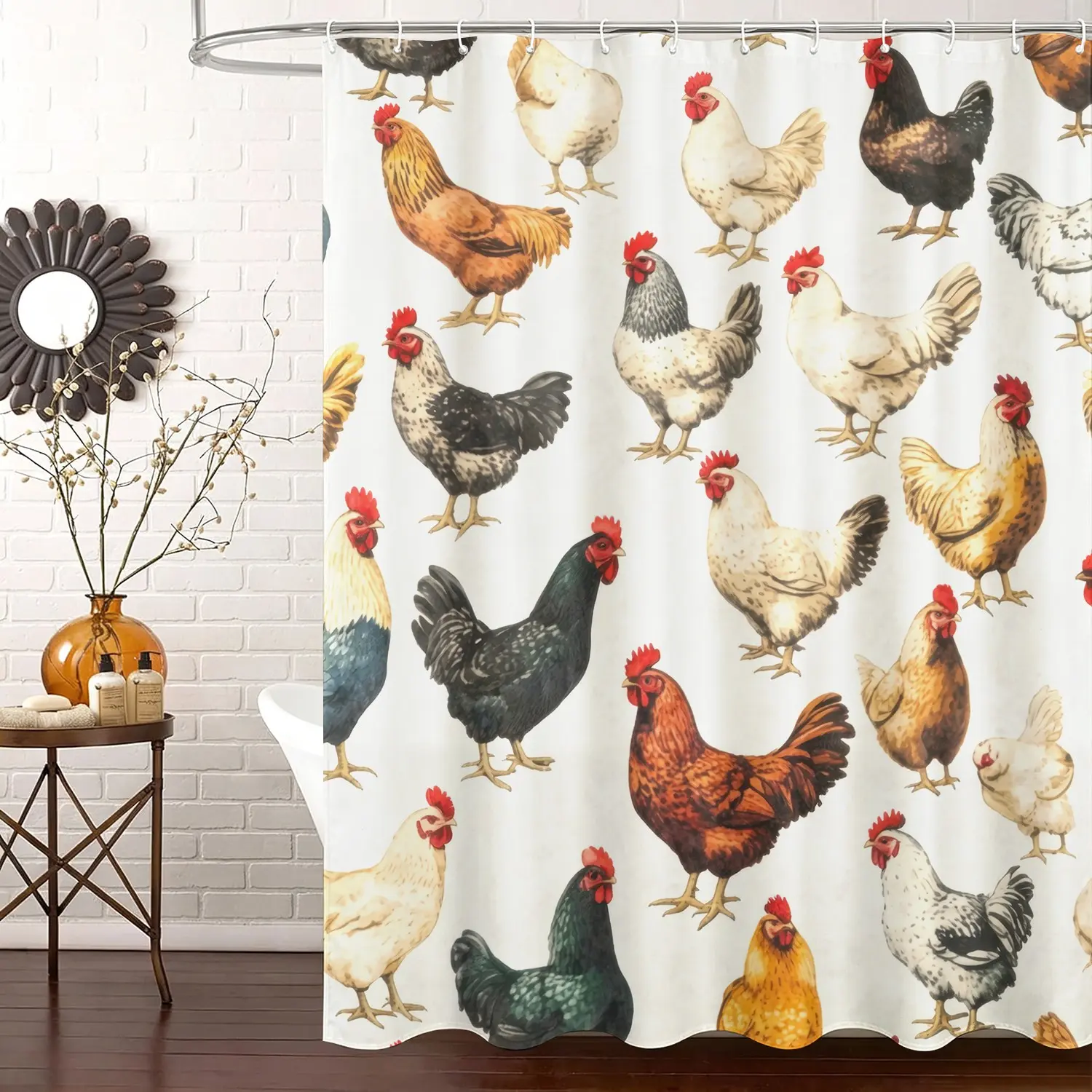 Rustic Farm Chicken Shower Curtain Set, Waterproof Cloth Fabric Bathtub Curtain 72"x72" with 12 Hooks, Watercolor Country Farmhouse Animal Bathroom Decor Accessories