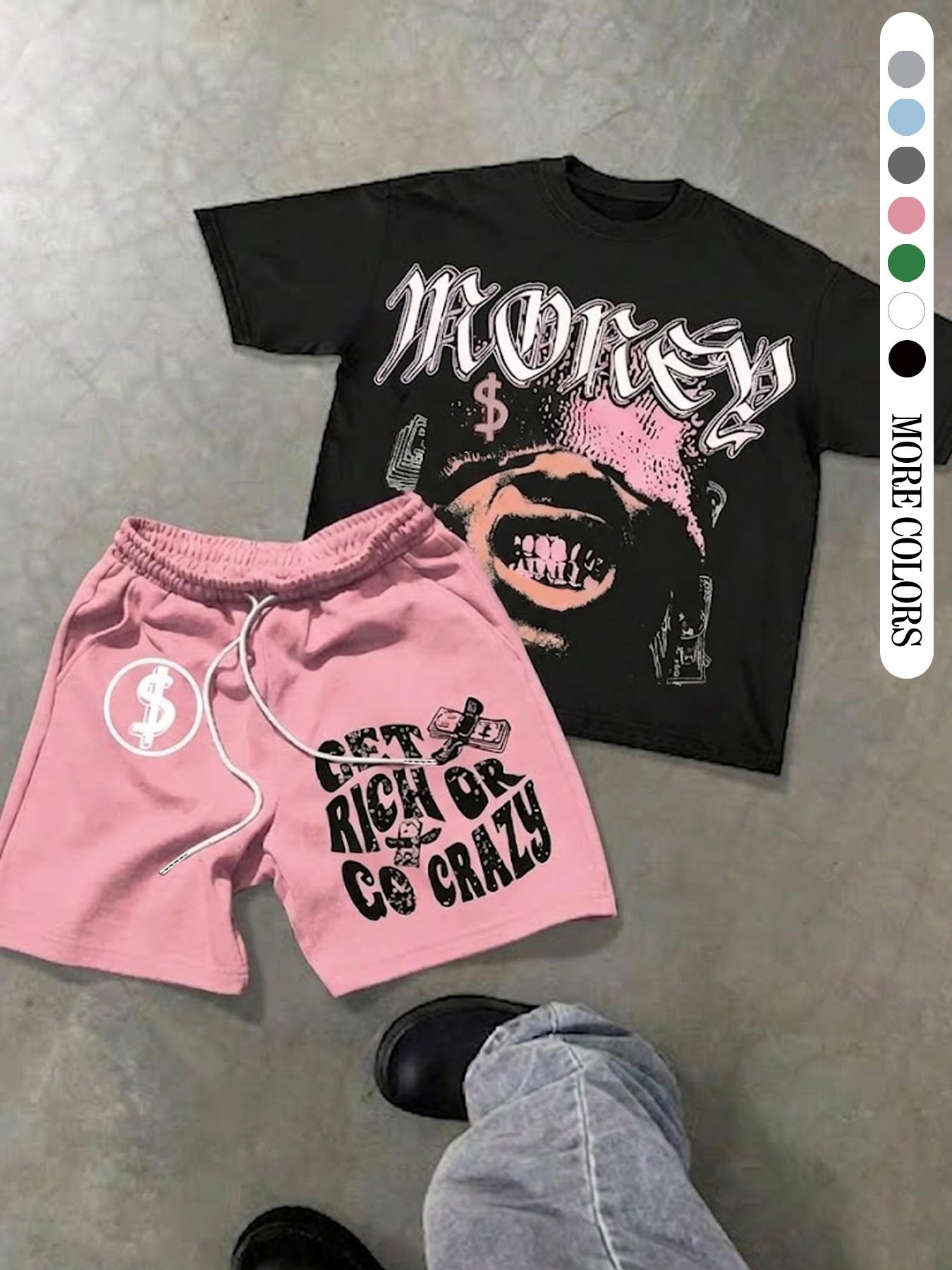 Two-Piece Set Men's Money Print Graphic Short Sleeve Crop Tee & Shorts, Loose Casual Fashion Round Neck T-shirt & Shorts for Daily Outdoor Wear, Men's Clothing for Summer, Menswear