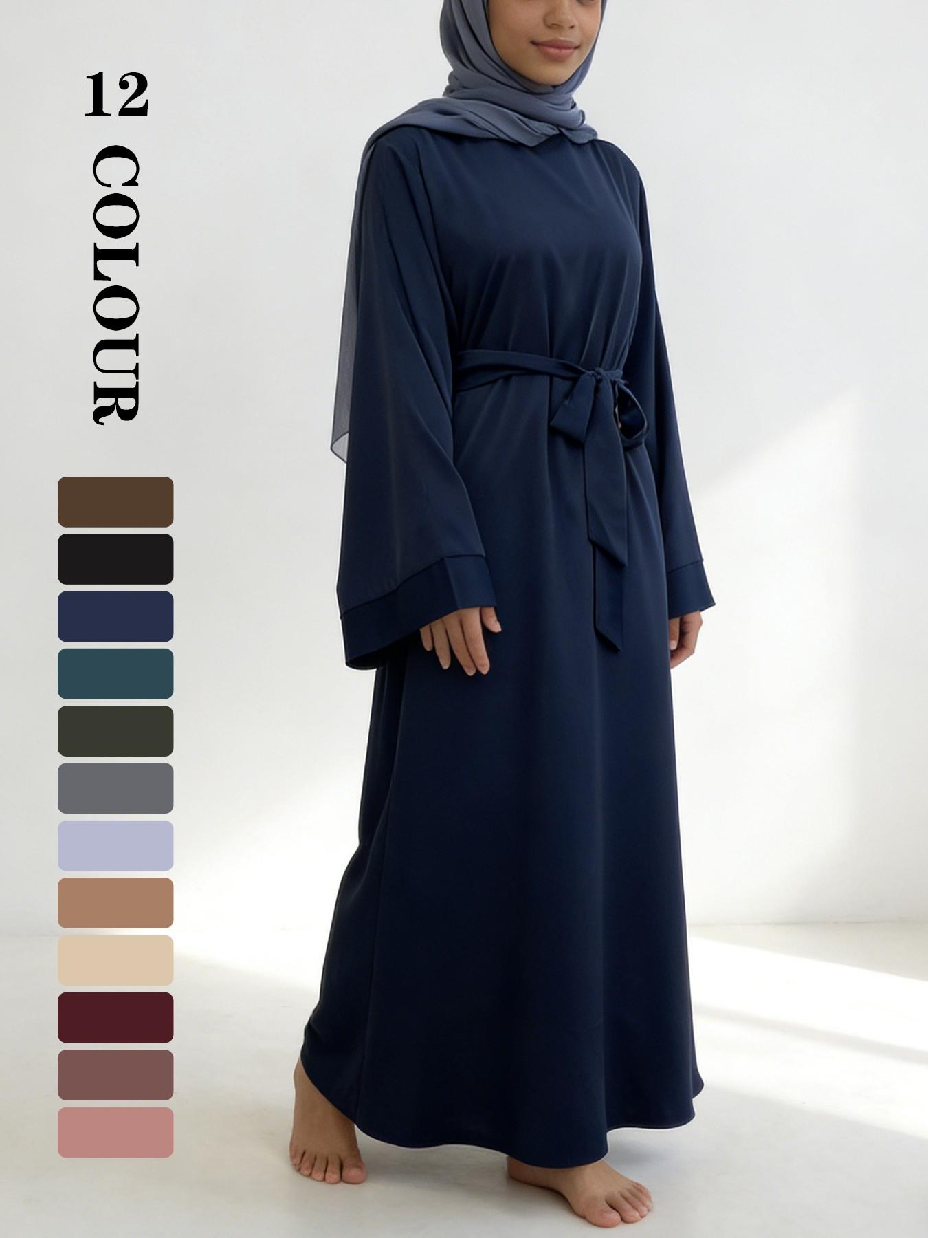 Muslim Modest Fashion Simple Nida High-Quality Long Sleeve Wide Sleeve Dress with Waist Belt, No Hijab Included, 12 Colors, 5 Sizes Available EID Ramadan Dress, Muslim Evening Dress