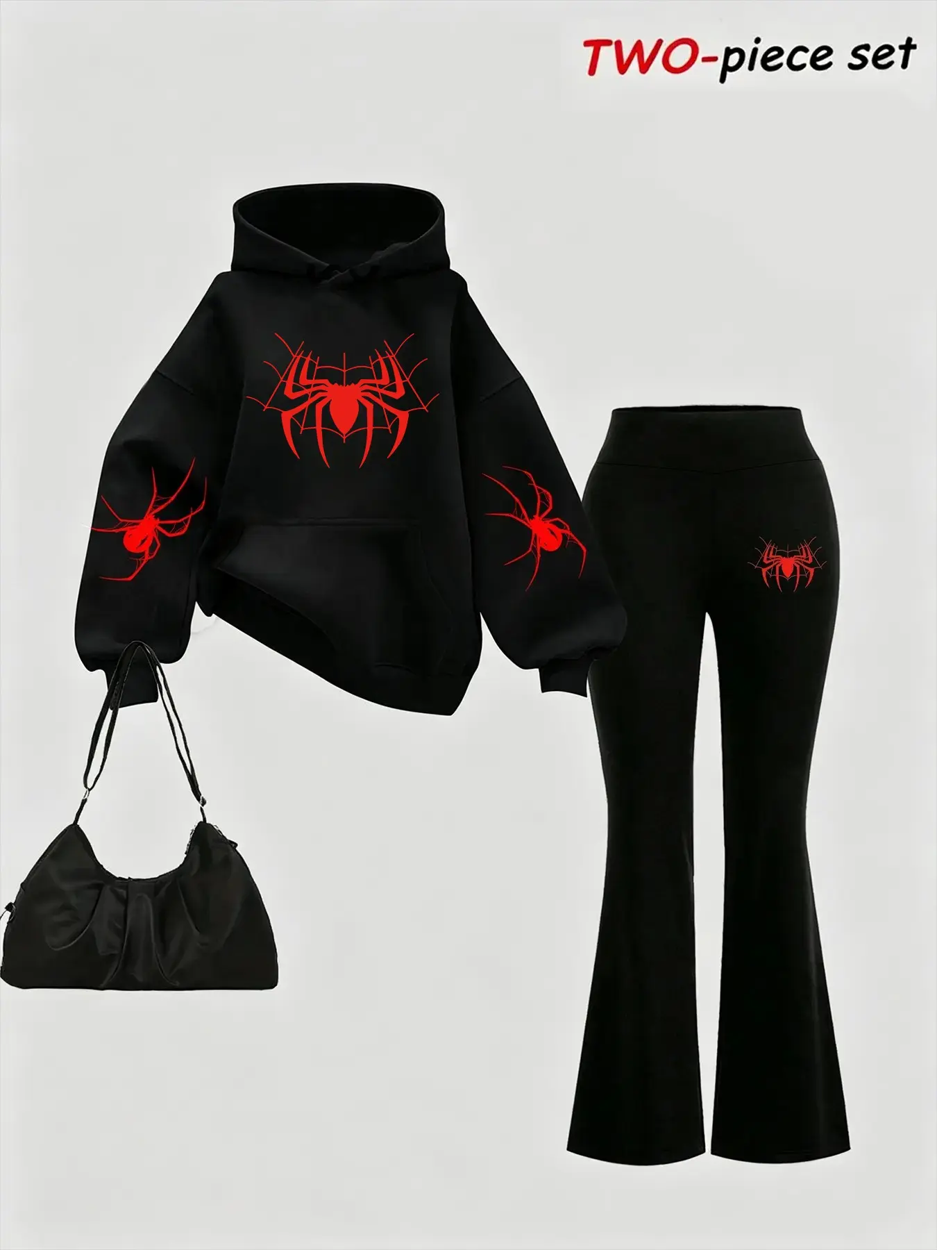 Women's Halloween Spider Print Two-Piece Set, Two Pieces Outfits, Loose Hoodie + High-Waisted Wide-Leg Pants, Y2K Gothic Style Fall Casual Streetwear