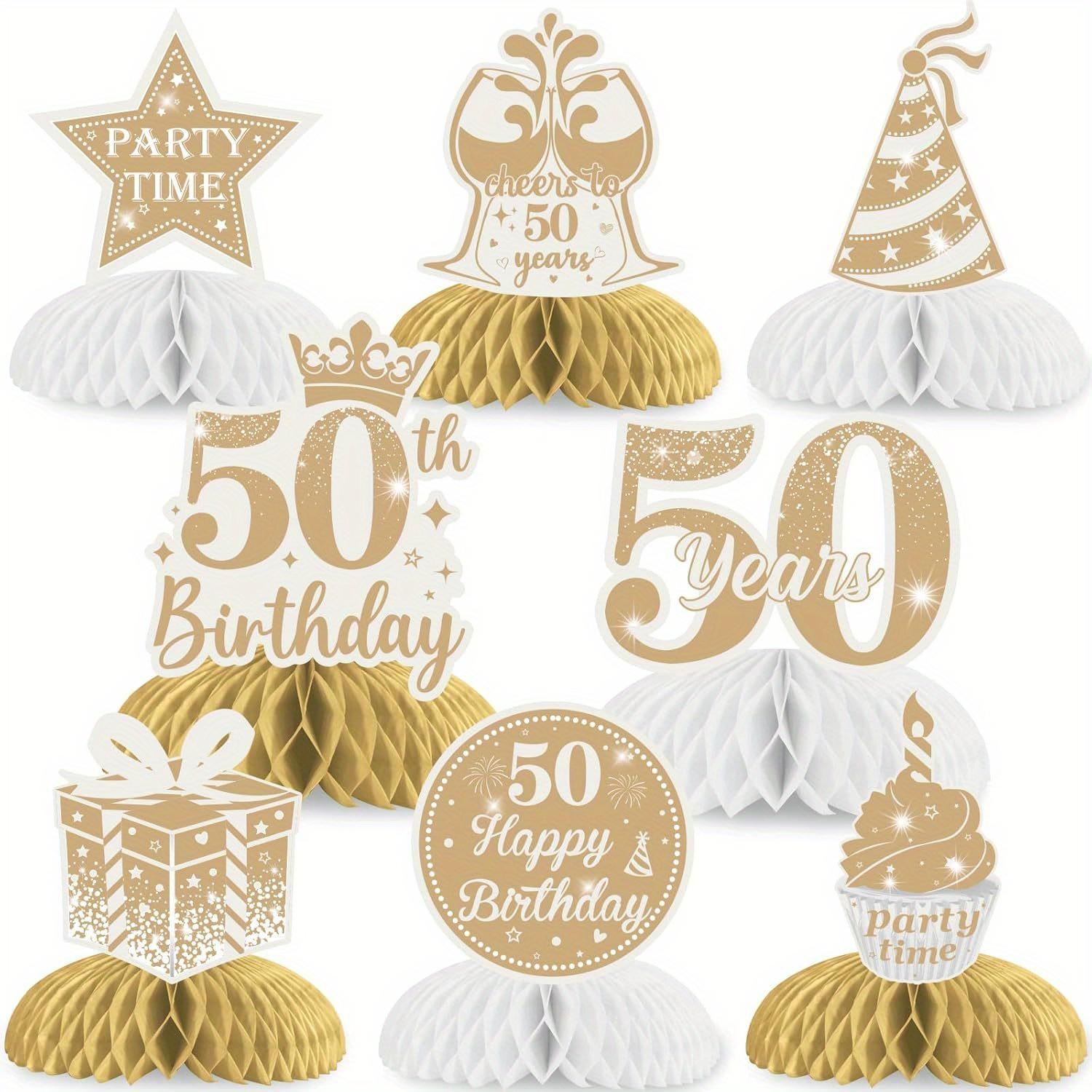 8 Pieces Boho 50th Birthday Honeycomb Centerpieces  White and Gold 50th Birthday Decorations for Women Men White Beige Fifty Birthday Table Toppers Party Supplies