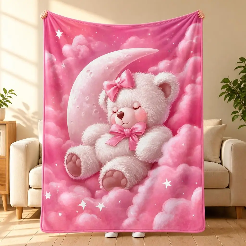 Cute Teddy Bear Flannel Blanket, Dreamy Moon & Cloud Print, Soft Cozy Lightweight, Ideal for Girls Bedroom, Nursery, Sofa, Bed, Gifts