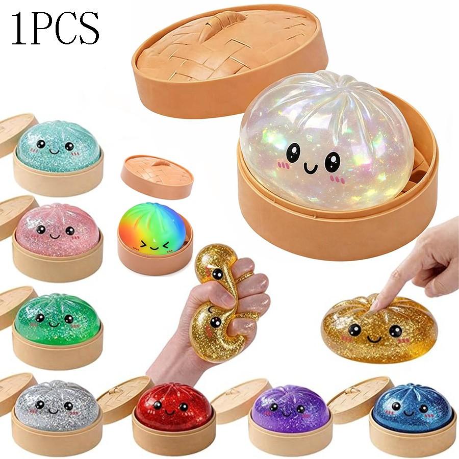 Glitter Dumpling Squishy with Box, Soft Sensory Squeeze Toy for Stress Relief, Mystery Glitter Dumplings, Decompression Dough