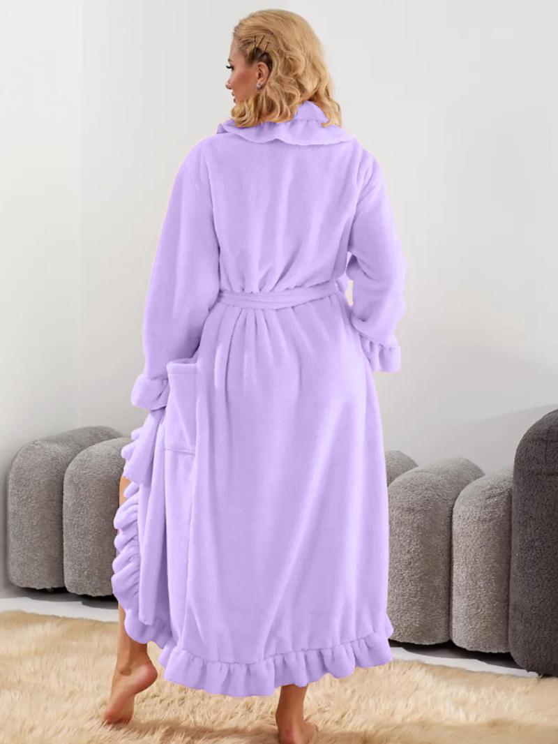 Women's Solid Color Flannel Bathrobe, Elegant Long Sleeve Wrap Robe, Women's Sleepwear for Fall & Winter, Nightgown, Casual Comfy Fluffy Pajamas, Soft Casual Pajamas