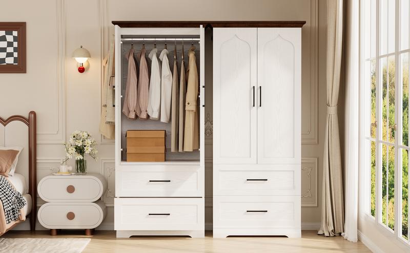 LIKIMIO Armoire Wardrobe Closet 70.9" H,with 2 Doors & 2/3 Drawers,Bedroom Wooden Wardrobe with 3 Hooks & Hanging Rod,Freestanding Closet System