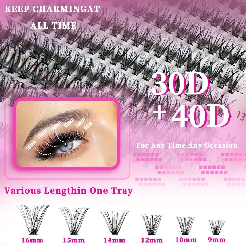Mixed Length Individual Cluster Lashes with 2 in 1 Glue & Tweezers, 1 Set Curling Strip Lashes, Natural Curl Fluffy Volume False Eyelashes for Women Eye Makeup