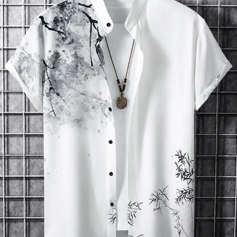 Men's Casual Floral Print Button Front Shirt, Short Sleeve Stand Collar, Spring Summer Fashion, Comfortable Daily Wear Button Up