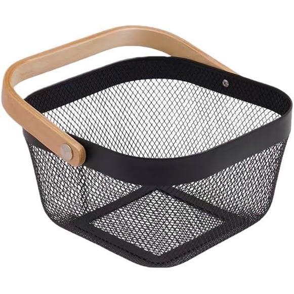 Metal Mesh Wire Basket, Mini Steel Basket with Wooden Handle Storage Organizer Basket Multi-functional  Kitchen Baskets Fruit Baskets for Kitchen Bathroom Cabinet Pantry Snacks, Black
