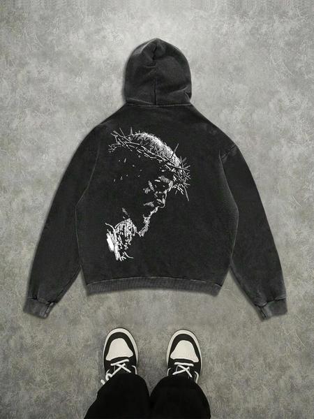 Trendy Casual Hoodie with Jesus Silhouette Print, Vintage Wash Craftsmanship, High-Quality Fabric, Loose Fit, Autumn Wear