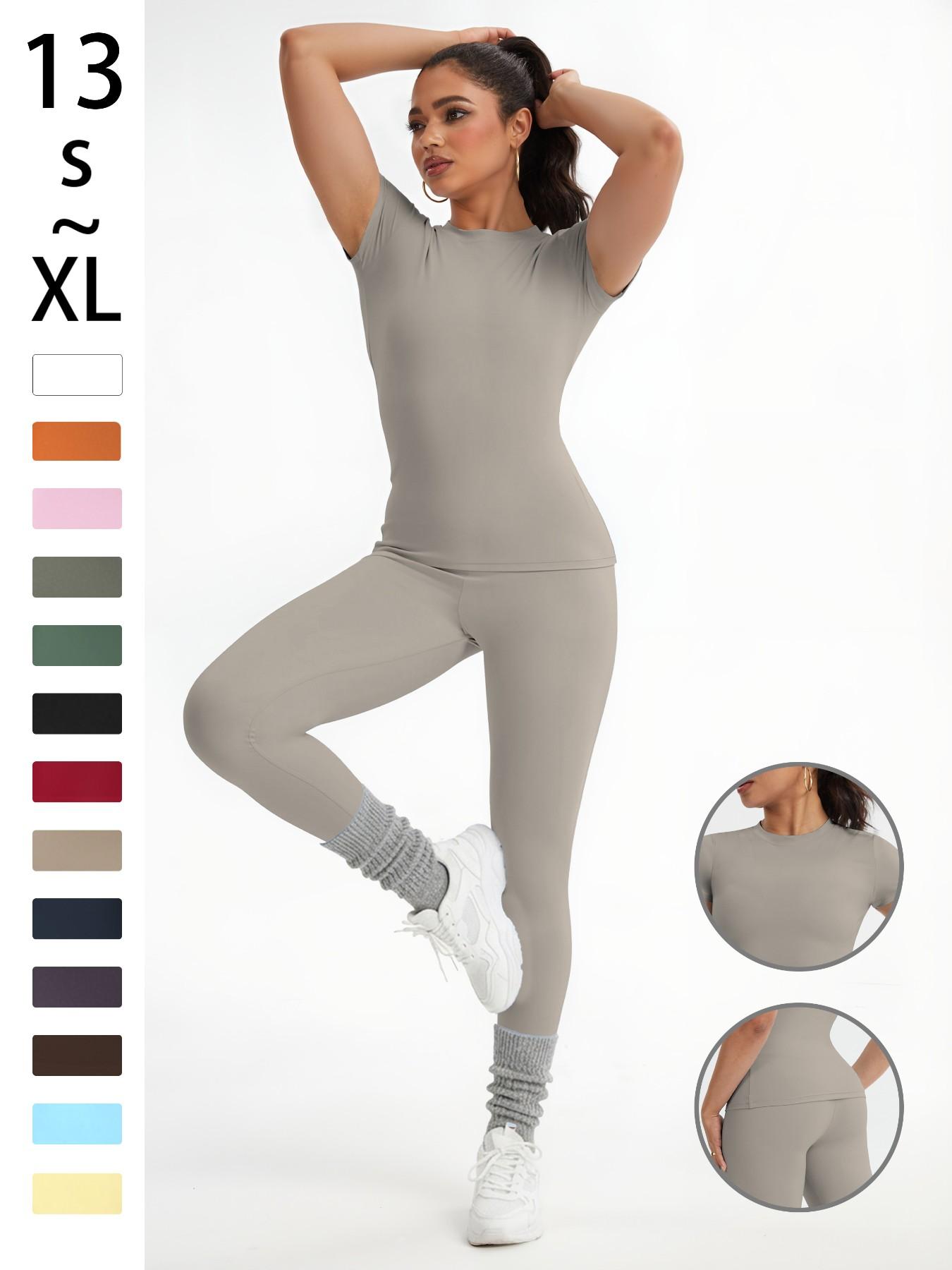 Women's Sportswear Set, Slim-Fit Round Neck Short Sleeves & High-Waisted Yoga Pants, Ideal for Gym Running Outdoor Activities, Stretchy Suit Set