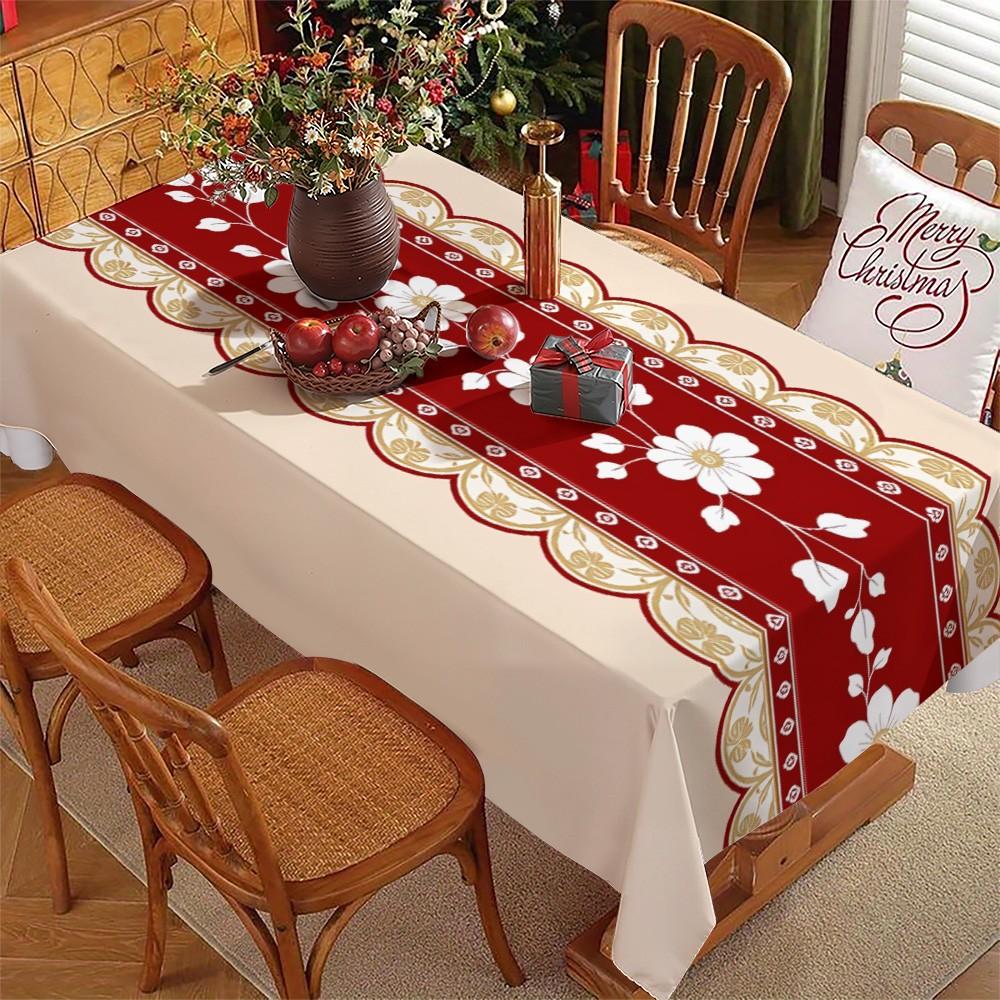 Rectangular Light Beige Tablecloth, with Red Floral-patterned Gold-bordered Table Runner, Perfect for Cozy Homey Dining Area, Elegant Design, Premium Fabric, Enhances Dining Ambiance