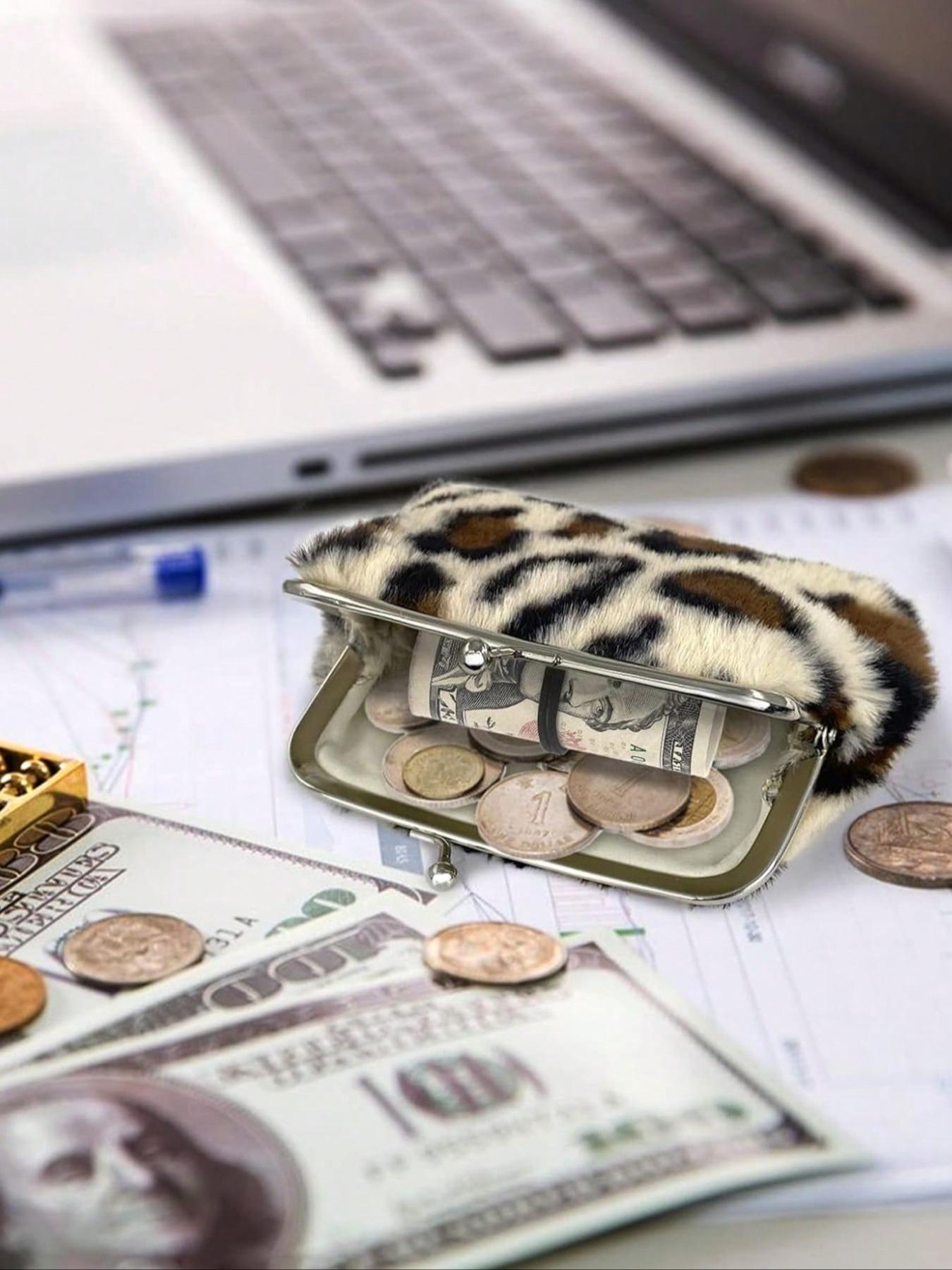 Plush Coin Purse, Short Plush Money Bag, Leopard Print Design, Women/girls Use, Multifunctional Portable Wallet, Durable Faux Leather Handbag, Stylish Wallet