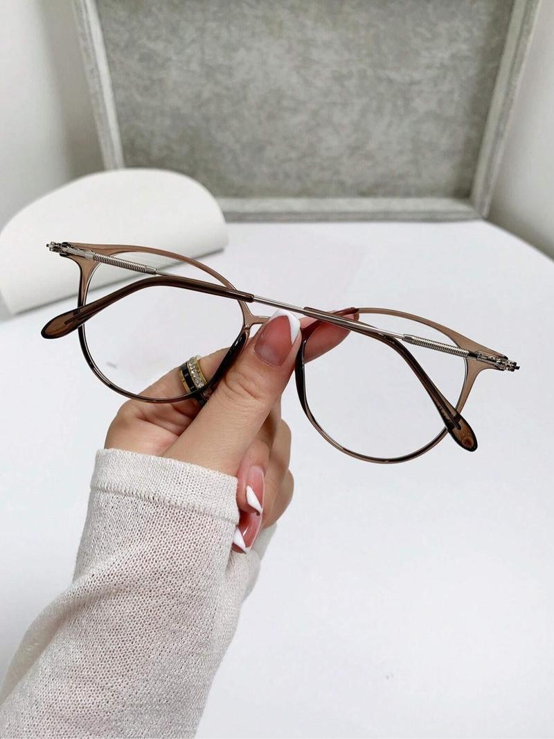 Women's Round Metal Frame Anti-Blue Light Glasses, Cute Style Daily Wear Eyewear, Suitable for Commuting, All Seasons Use