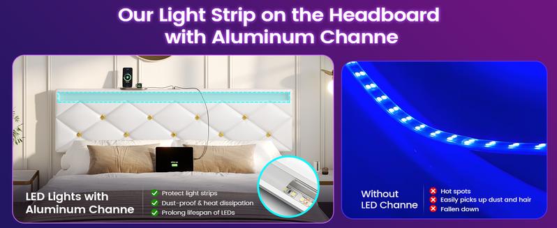 Hasuit Floating Bed Frame Queen Size with LED Lights and Charging Station, Modern Queen Platform Bed with Vegan Leather Upholstered Headboard, No Box Spring Needed, Noise Free, Easy to Assemble