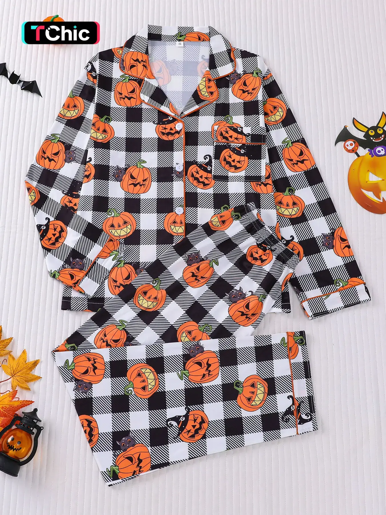 Women's Plaid Checkered Pumpkin Print Pajama Set, Pocket, Long Sleeve Top & Elastic Waist Pants, Soft Comfortable Fit Knitted Style Loungewear Sleepwear for All Seasons
