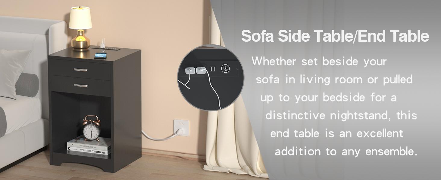 Vabches 3 Drawers Black Nightstand with Charging Station, Side Table with Open Storage Bedside End Table Night Stand Storage Cabinet for Bedroom