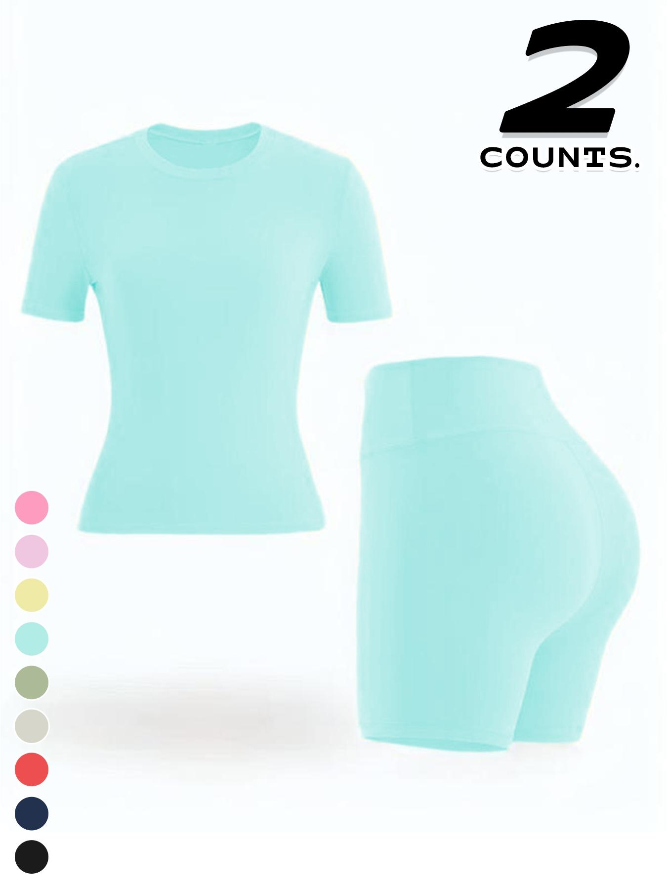 Women's Sport Yoga 2-Piece Set, Plain Short Sleeve T-Shirt and High Waist Shorts, Breathable Gym Running, All Seasons